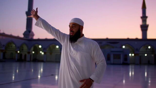 Devote Muslim man in traditional Islamic dress prays outside religious site at sunset