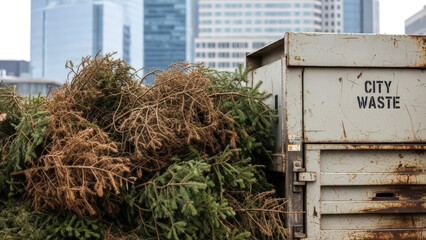 Old Christmas Trees Discarded by City Waste Dumpster in Urban Setting