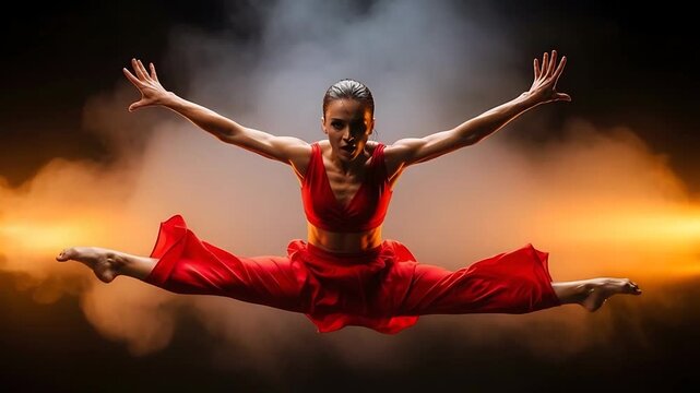 red dancer leaps in midair amid orange smoky glow
