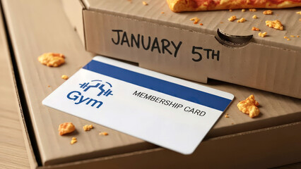 Gym Membership Card on Pizza Box Symbolizing Failed New Year Resolution