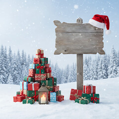 Holiday Christmas background with Santa Claus and a gift boxes and wooden sign. Christmas / Holiday Celebration / Winter Season