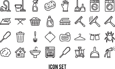 House Cleaning icon set. Housekeeping related line icons: washing, vacuum cleaner, detergent, cleaning tools, equipment, household appliances and more. Editable stroke. Vector illustration