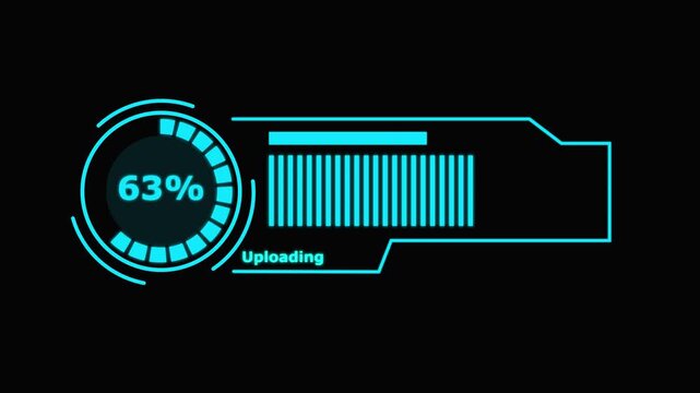 This circular tech-themed uploading animation features glowing cyan accents and digital text for futuristic uploading or progress indicators in applications.