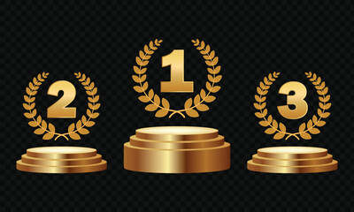 Golden trophy awards with laurel wreaths on podium for ranking and achievement