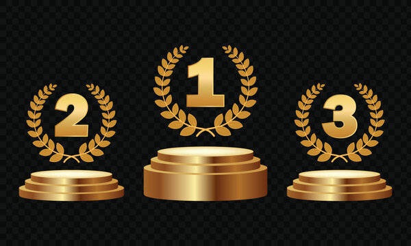 Golden trophy awards with laurel wreaths on podium for ranking and achievement