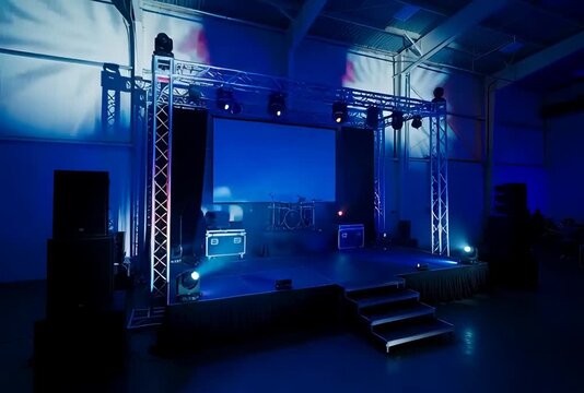 Dynamic stage setup with vibrant red and blue lighting for event or performance production