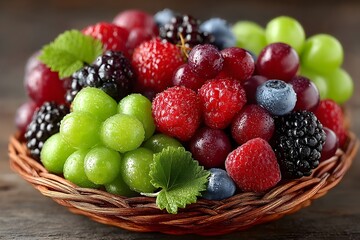 Fresh mixed berries and grapes in a wicker basket on rustic wood