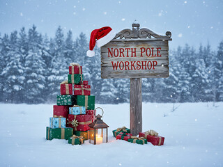 Holiday Christmas background with Santa Claus and a gift boxes and wooden sign. Christmas / Holiday Celebration / Winter Season