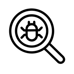 Fototapeta premium Black and white icon of magnifying glass with bug for debugging, software inspection, or error detection