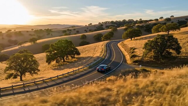 Aerial car driving winding road through Mount Diablo landscape.