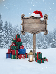 Holiday Christmas background with Santa Claus and a gift boxes and wooden sign. Christmas / Holiday Celebration / Winter Season