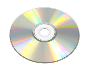 A close-up view of a reflective digital storage disc, displaying concentric circles and rainbow-like iridescence against black