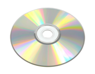 A close-up view of a reflective digital storage disc, displaying concentric circles and rainbow-like iridescence against black