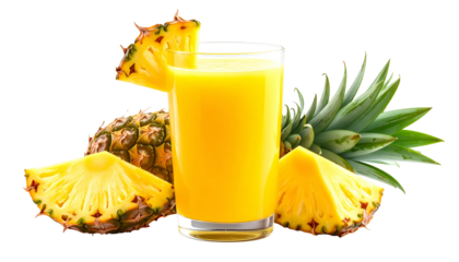 Glass of bright yellow juice, surrounded by fresh pineapple slices and the fruit