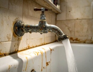 Close-up of a rusty faucet spewing water into a grimy bathtub