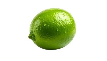 Isolated vibrant green citrus fruit with water droplets, sharp details on a black background