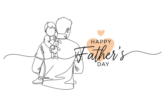 Happy Father's Day minimalist vector illustration of a father carrying his child and a stuffed animal on his shoulder