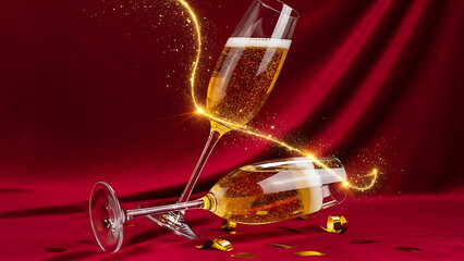 Champagne glasses celebrating with golden sparkles on red background