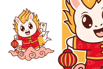Cute Kirin Character Holding Envelopes and Lantern for Lunar New Year Celebration
