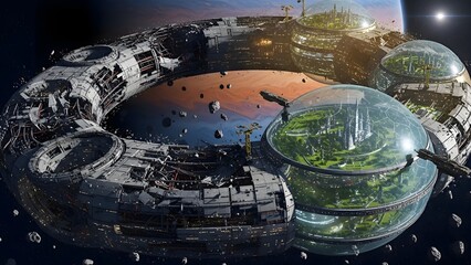 Futuristic Ring-Shaped Space Station with Biodomes of Lush Greenery and Asteroids