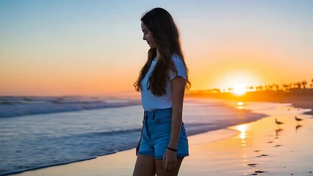 sunset beach walk with woman along shoreline
