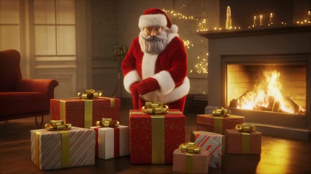 Santa near a pile of gifts in a warmly lit room. Perfect for christmas greeting cards or holidaythemed marketing materials.