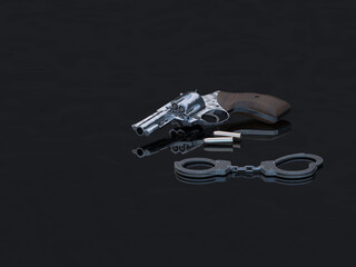Revolver with bullets and handcuffs on dark reflective surface