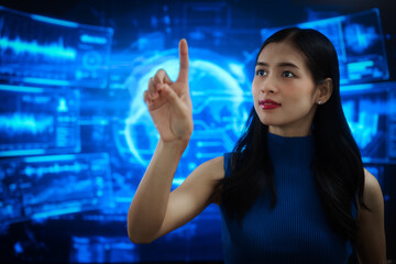 Futuristic woman interacting with virtual holographic interface, touching transparent digital screens in blue cyber environment, data controly, immersive human computer interaction.