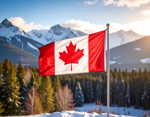 Canadian flag with mountain backdrop, snow, and sunny sky