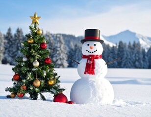 Obraz premium Snowy outdoor scene with festive tree and smiling snowman