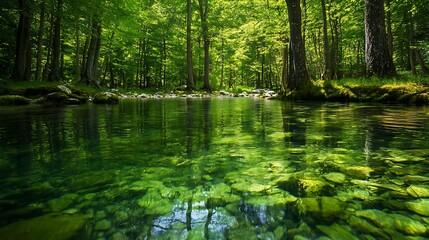 Tranquil forest scene featuring a clear stream and lush green trees daytime
