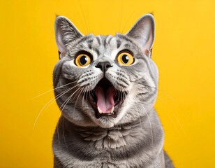 Close-up of a surprised gray cat with open mouth and bright yellow eyes