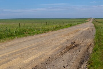 A long straight dirt road between grass fields disappears into the horizon in the South African countryside