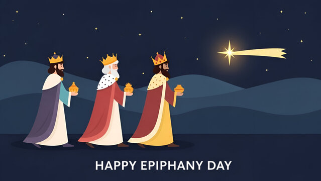Epiphany three kings journey under shining star night sky with golden gifts festive christian illustration showing tradition faith celebration typography design for commercial branding and marketing 