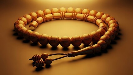 A beautifully lit rosary with wooden beads on a warm surface