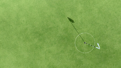 Aerial top view putting green with flag at golf course, Golf Course with putting green, Golf course sport, Green grass on golf field, fairway and putting green top view.