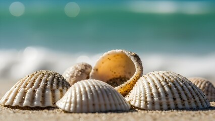 Beautiful seashells scattered on a sun-kissed sandy beach with the ocean in the background