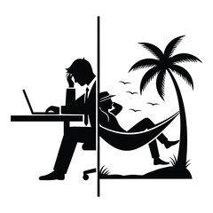 Businessman working stressed next to relaxed person in hammock under palm tree