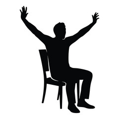 Man sitting in chair with arms raised in celebration