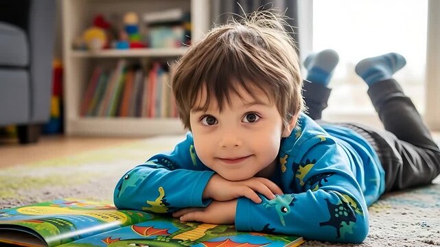 young child reading a colorful kids book on a cozy living room rug