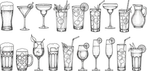 Hand drawn cocktail glass set, blue outline vector illustration, assorted drinkware, martini wine beer juice glasses, bar menu design collection for restaurant cafe branding
