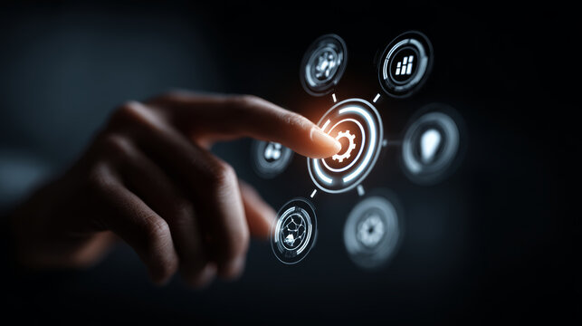 Futuristic digital interface with hand interacting, technology concept with glowing icons and dark background for innovation and control - Powered by Adobe