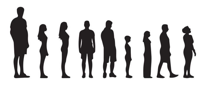 &ldquo;Five Standing Human Figure Silhouettes of Different Heights, Posture and Body Proportion Reference Vector&rdquo;