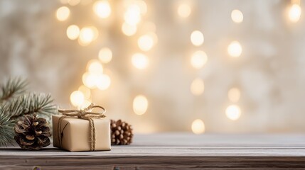 Christmas Gift on Wooden Floor with Warm Lights and Wide Right Copy Space