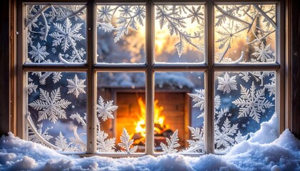 A frosted window frames a cozy fire in a snow-covered scene