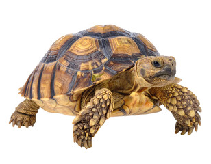 A close-up view presents an adult tortoise, showcasing its patterned shell and textured skin, isolated against a transparent background