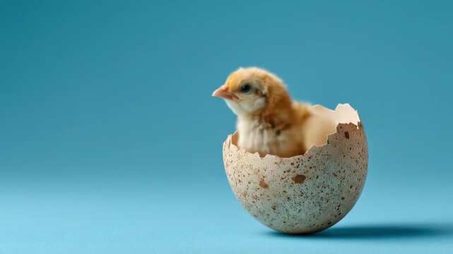 Bright blue backdrop frames a fluffy chick just hatched, peeking from a cracked eggshell, curiously