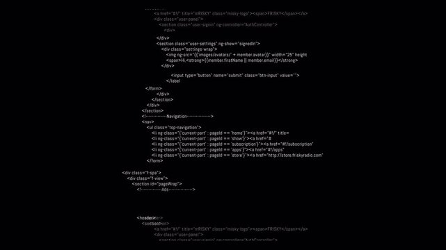 Abstract blurred programming code displayed on a dark background in horizontal format. Defocused source code text creates a modern technology atmosphere suitable for cybersecurity. 