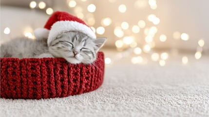 Cute Sleeping Kitten Christmas Scene with Wide Right Copy Space