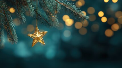 Golden Star Christmas Ornament with Wide Left Copy Space Background